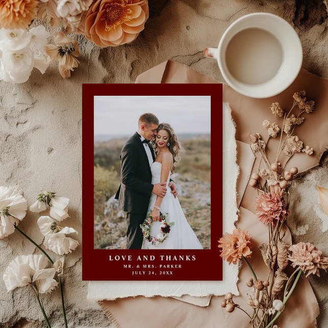 Dark Red Elegant Text and Photo | Wedding Thank You Card (Creator Uploaded)