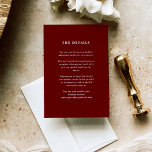 Dark Red Elegant Text | Wedding Guest Details Enclosure Card<br><div class="desc">These minimalist and elegant wedding guest detail information cards feature modern white text on a dark red, maroon background, for a simple and stylish look. You can use these cards for driving directions, reception or transportation information, hotel or accommodations information, and any other wedding details you need your guests to...</div>