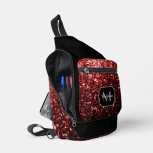 Dark red faux glitter sparkles Black Monogram Sling Bag
