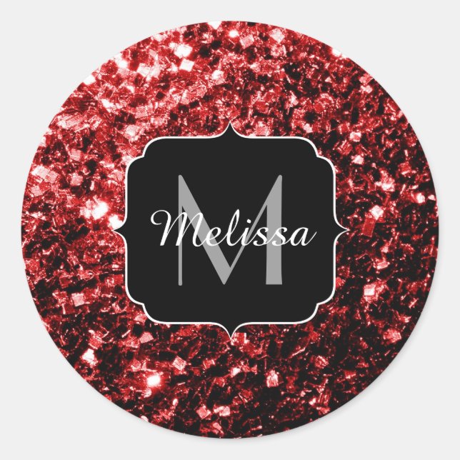 Dark Red faux Glitter sparkles Glamour Monogram Classic Round Sticker (Front)