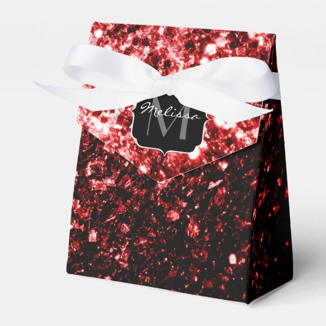 Dark Red faux Glitter sparkles Glamour Monogram Favour Box (Front Side)