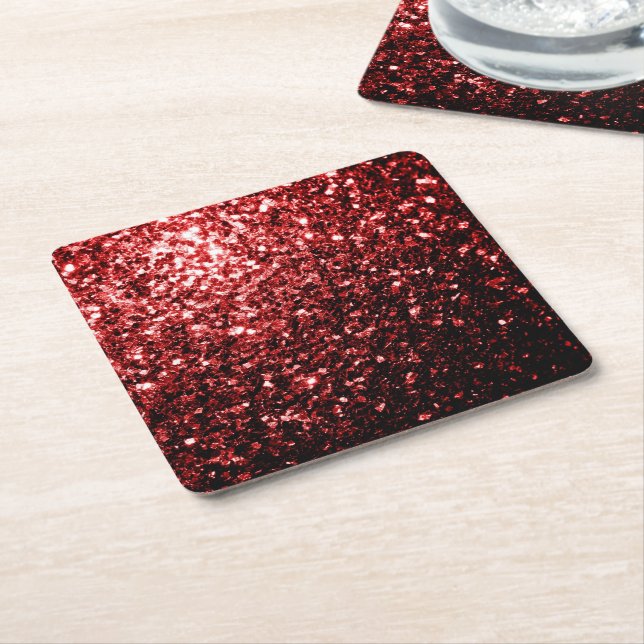 Dark Red faux Glitter sparkles Glamour Square Paper Coaster (Angled)