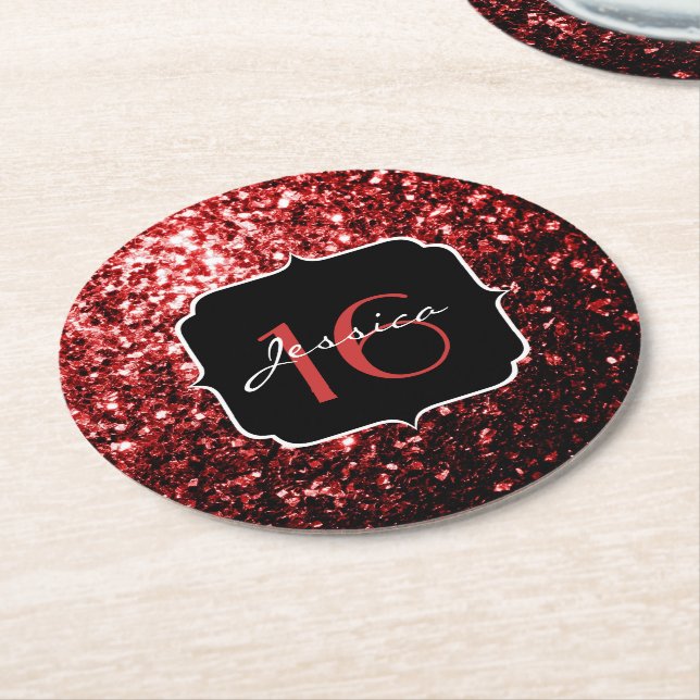 Dark Red faux Glitter sparkles Glamour Sweet 16 Round Paper Coaster (Angled)