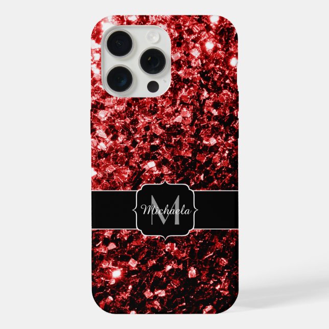 Dark red faux glitter sparkles Monogram iPhone Case (Back)