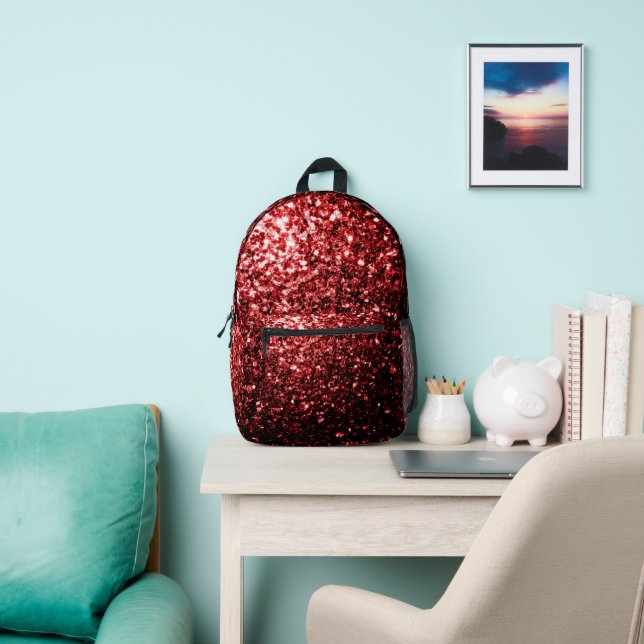 Dark red faux glitter sparkles printed backpack (Insitu)