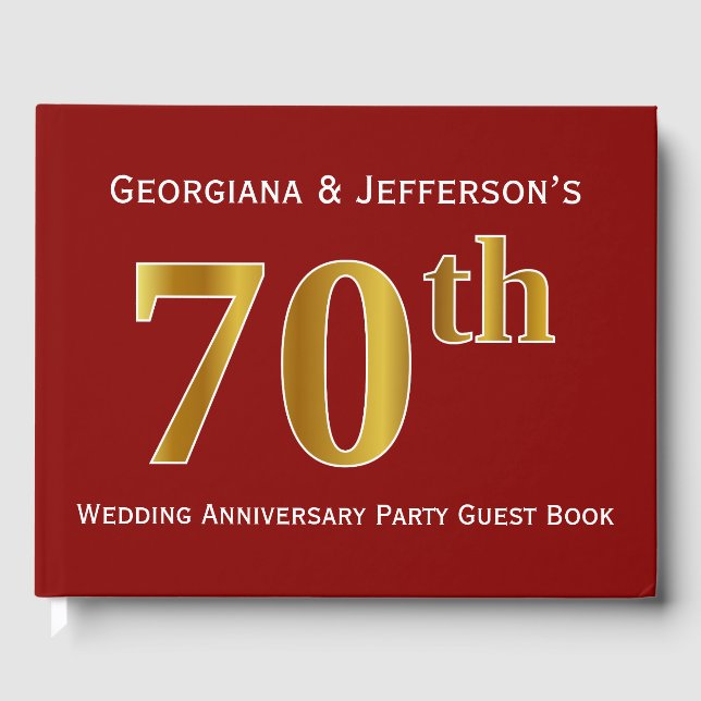 Dark Red, Faux Gold 70th Wedding Anniversary Party Guest Book (Front)