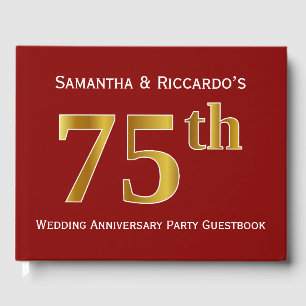 Dark Red, Faux Gold 75th Wedding Anniversary Party Guest Book