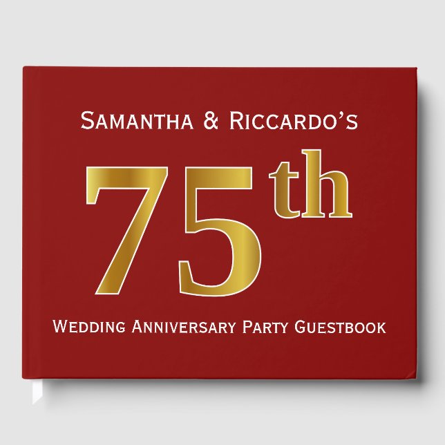 Dark Red, Faux Gold 75th Wedding Anniversary Party Guest Book (Front)