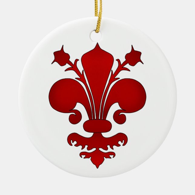 Dark red fleur de lis symbol ceramic tree decoration (Front)