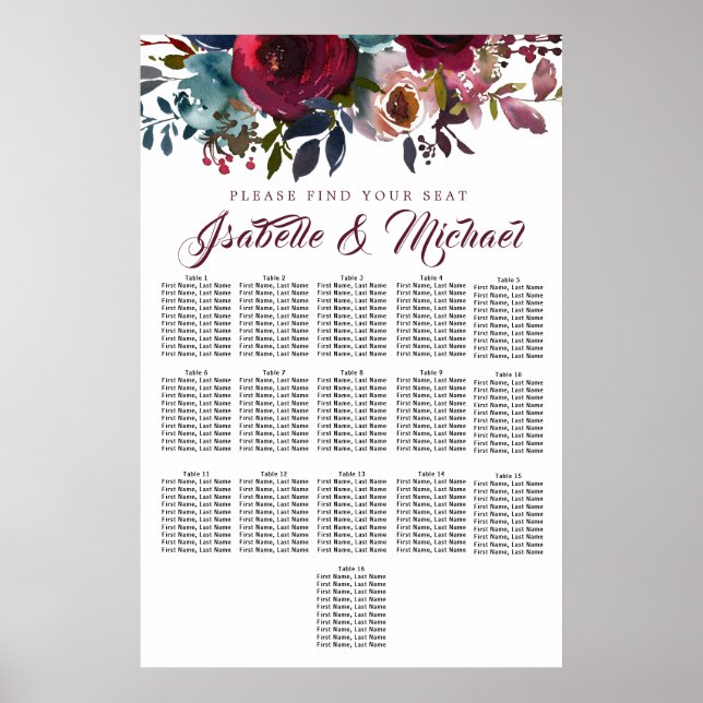 Dark Red Floral 16-Table Wedding Seating Chart (Front)