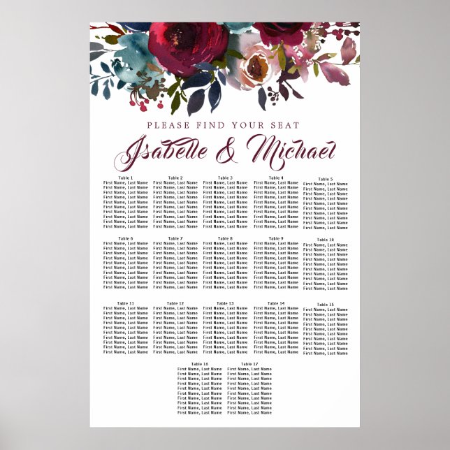 Dark Red Floral 17-Table Wedding Seating Chart (Front)