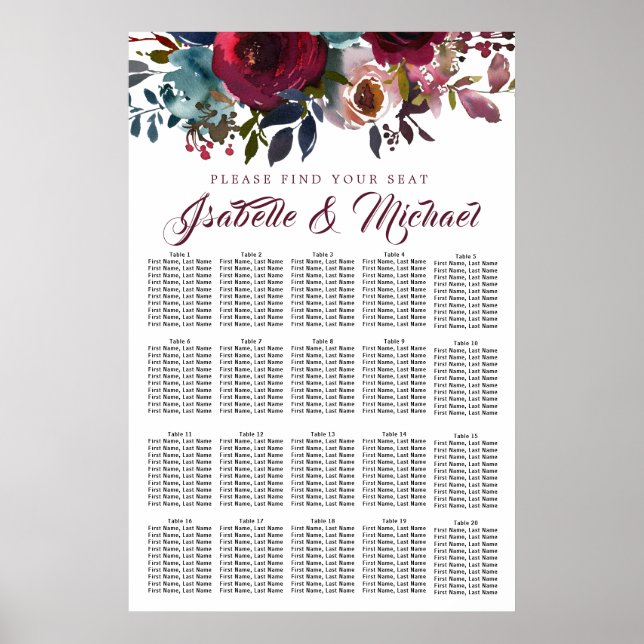 Dark Red Floral 20-Table Wedding Seating Chart (Front)