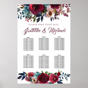 Dark Red Floral 6-Table Wedding Seating Chart