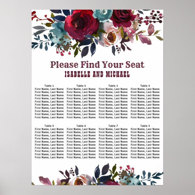 Dark Red Floral 8 Table Wedding Seating Chart (Front)