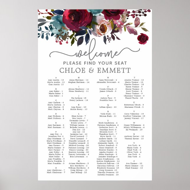 Dark Red Floral Alphabetical Wedding Seating Chart (Front)