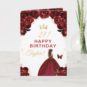 Dark Red Floral Brunette Hair Girl Happy Birthday Card