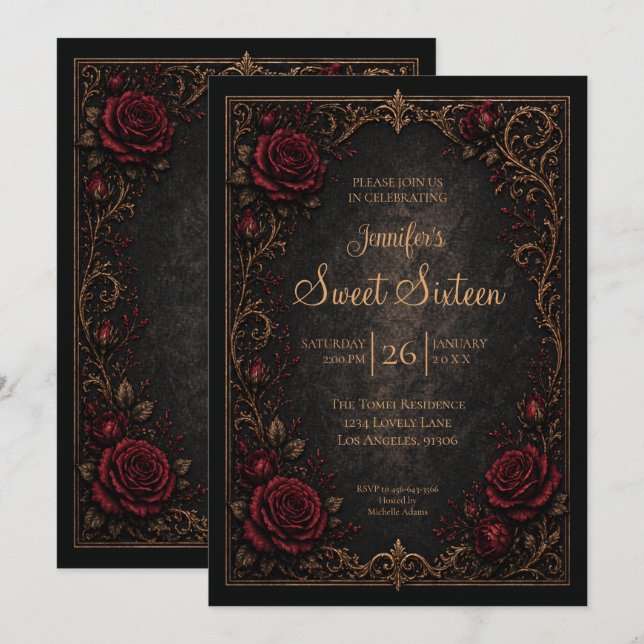 Dark Red floral Gothic Sweet 16 Invitation (Front/Back)