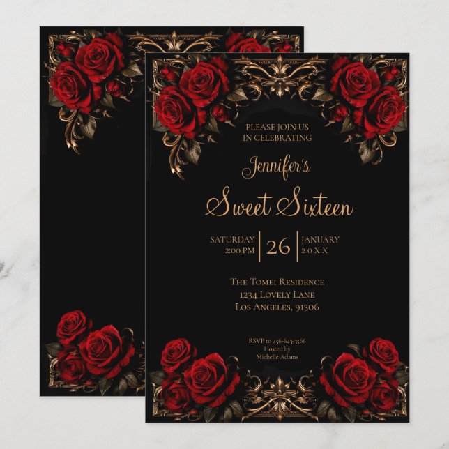 Dark Red floral Gothic Sweet 16 Invitation (Front/Back)