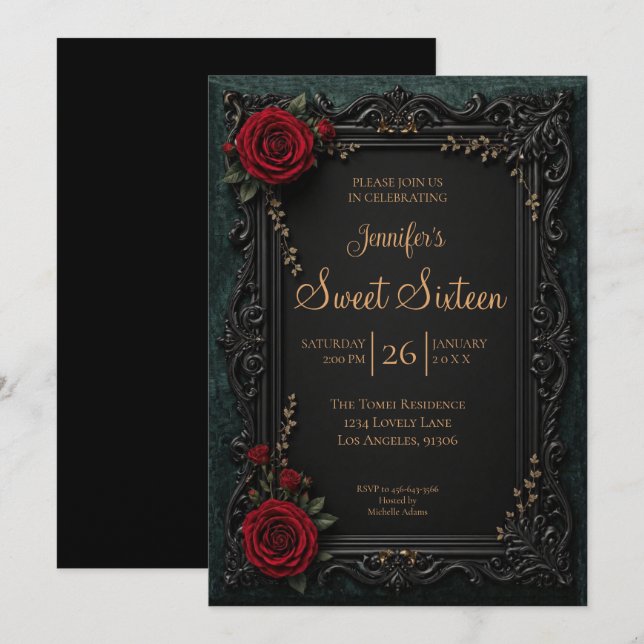 Dark Red floral Gothic Sweet 16 Invitation (Front/Back)