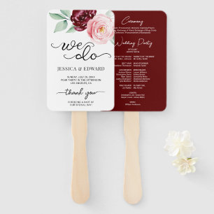 Dark Red Floral Thank You Elegant Wedding Program Hand Fan