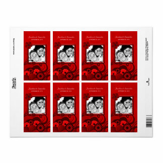 Dark Red Floral Wedding Photo Favour Wine Labels