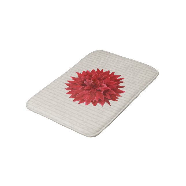 Dark Red Flower Over Beige Stripes Bath Mat (Angled)