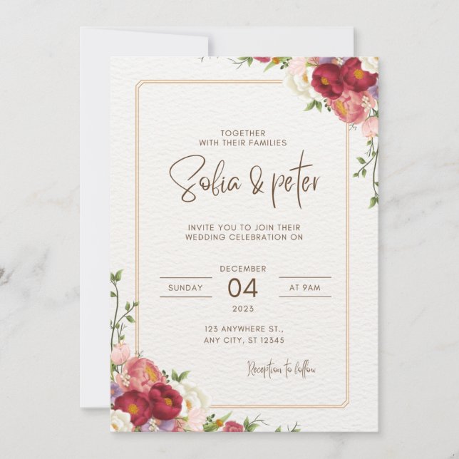 Dark Red Flower Wedding Invitation (Front)
