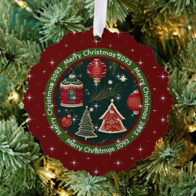 Dark Red Forest Green Personalised Merry Christmas Tree Decoration Card (Insitu (Tree))