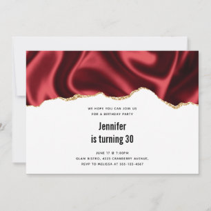 Dark Red Glam Wavy Satin Abstract Design Birthday Invitation