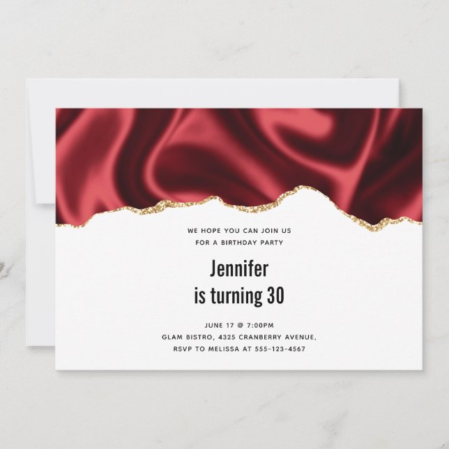 Dark Red Glam Wavy Satin Abstract Design Birthday Invitation (Front)