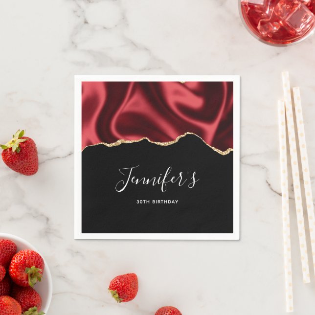 Dark Red Glam Wavy Satin Abstract Design Birthday Napkin (Insitu)
