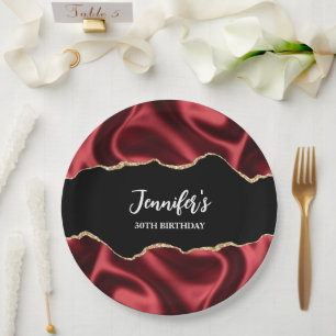 Dark Red Glam Wavy Satin Abstract Design Birthday Paper Plate