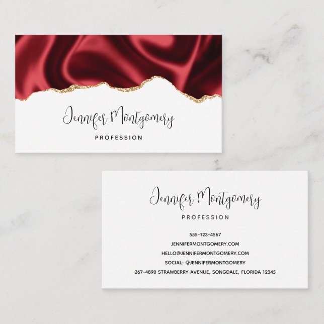 Dark Red Glam Wavy Satin Abstract Design Business Card (Front/Back)