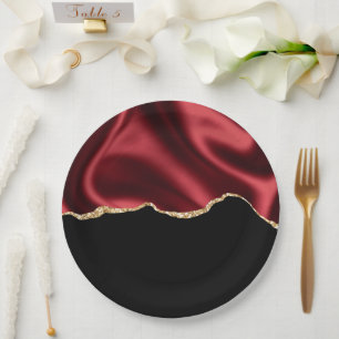 Dark Red Glam Wavy Satin Abstract Design Paper Plate