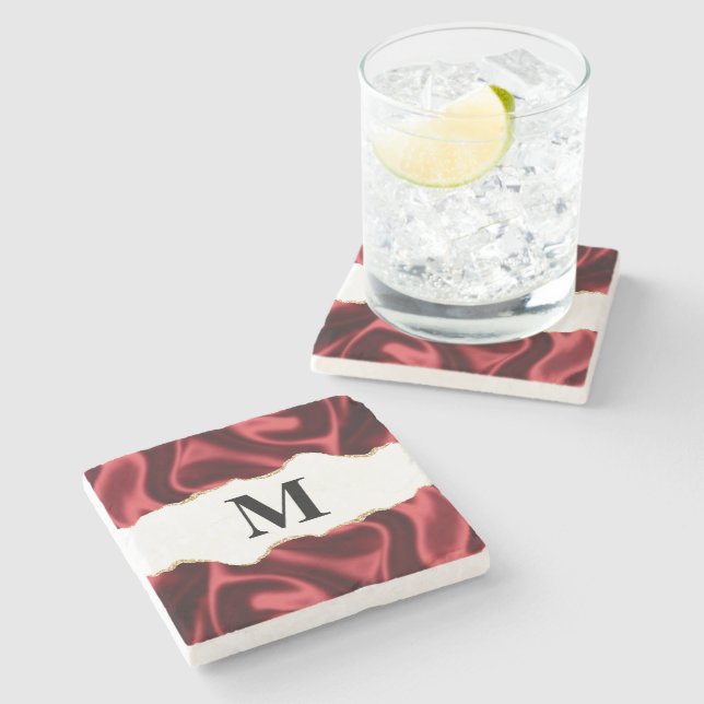 Dark Red Glam Wavy Satin Abstract Design Stone Coaster (Side)