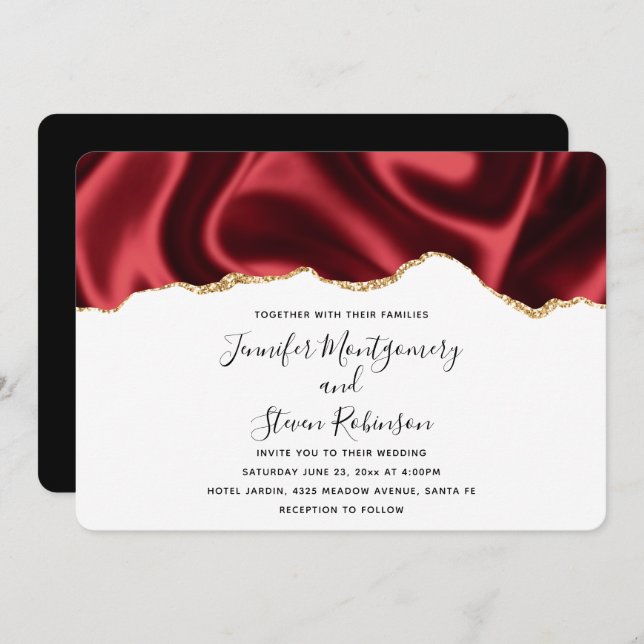 Dark Red Glam Wavy Satin Abstract Design Wedding Invitation (Front/Back)