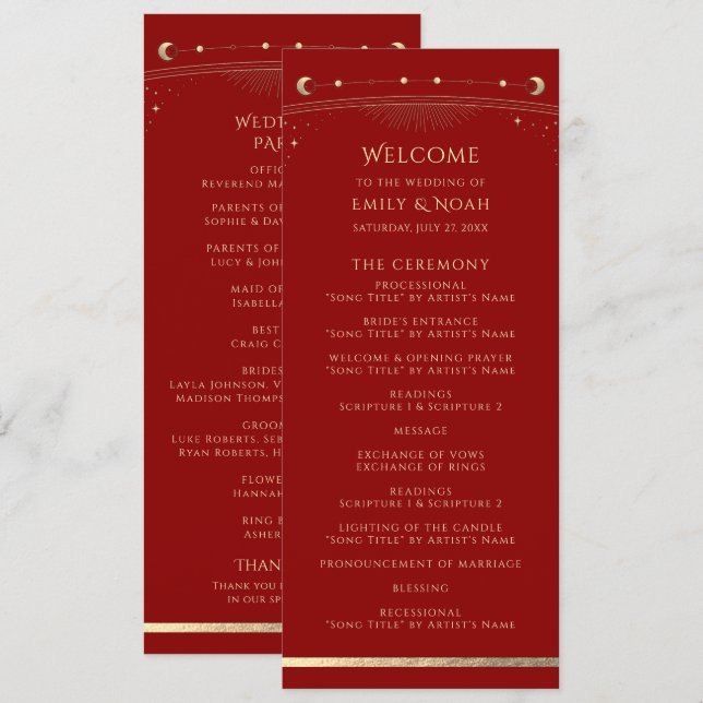 Dark Red Gold Celestial Sun Moon Wedding Programme (Front/Back)