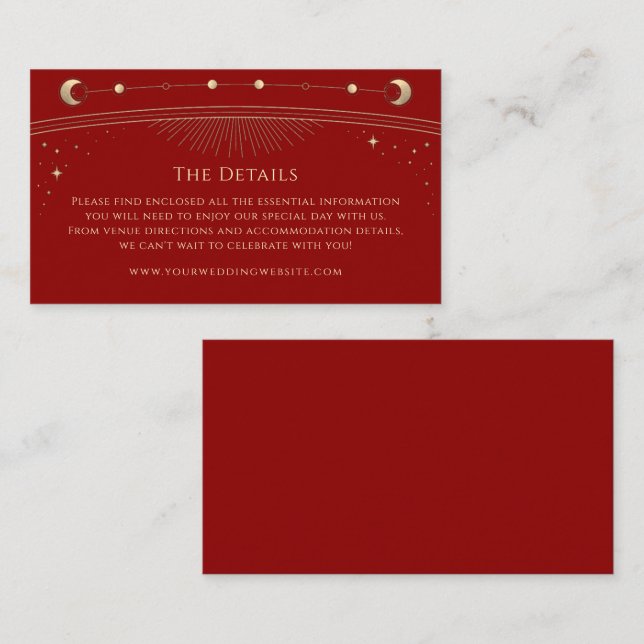 Dark Red Gold Celestial Wedding Details Enclosure Card (Front/Back)