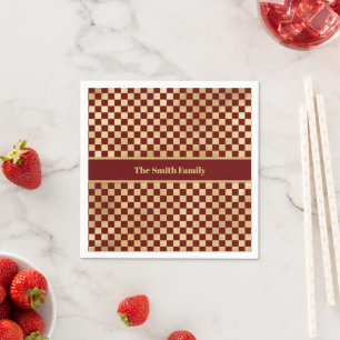 Dark Red Gold Checkered Paper Napkin
