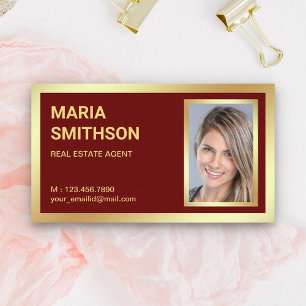 Dark Red Gold Foil Real Estate Realtor Photo Business Card