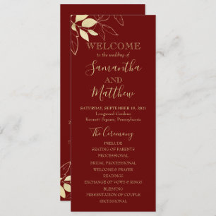 Dark Red & Gold Foliage Botanical Wedding Programme