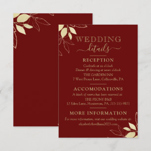 Dark Red & Gold Foliage Modern Botanical Wedding Enclosure Card