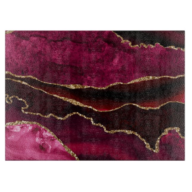 Dark Red & Gold Glitter Marble Agate Cutting Board (Front)