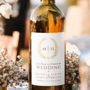 Dark red Gold hand drawn leaf monogram art wedding Wine Label