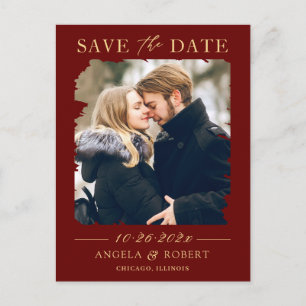 Dark Red Gold Luxury Photo Frame Save the Date Postcard