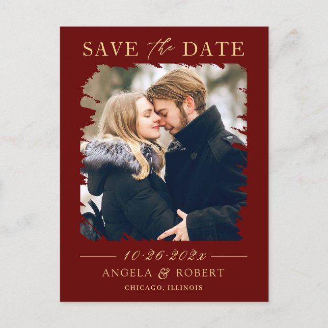 Dark Red Gold Luxury Photo Frame Save the Date Postcard (Front)