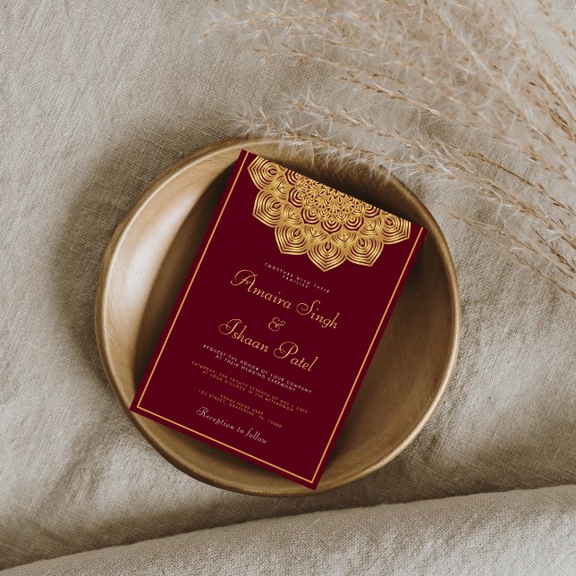 Dark Red Gold Mandala Ethnic Night Indian Wedding Invitation (Creator Uploaded)