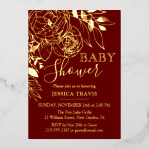 Dark Red & Gold Modern Floral Baby Shower