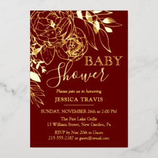 Dark Red & Gold Modern Floral Baby Shower