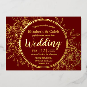 Dark Red & Gold Peony Modern Toile Wedding